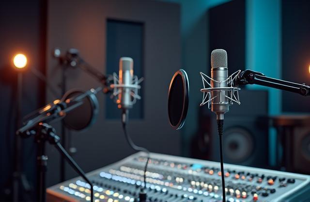 Modern podcast recording studio setup with multiple microphones and mixing board.