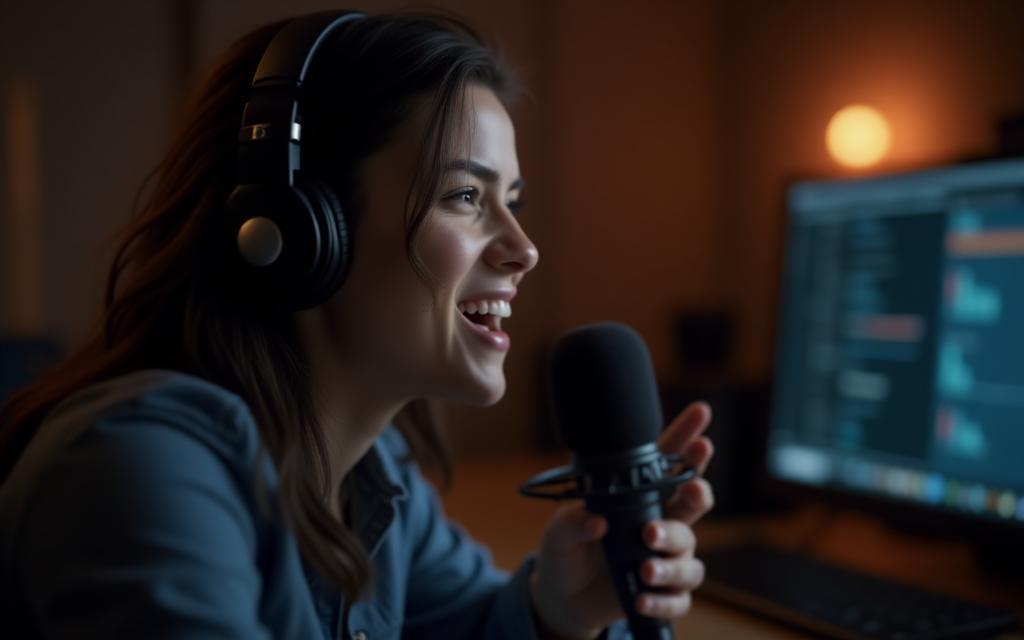Person recording a podcast with headphones and microphone, signifying learning and creation.
